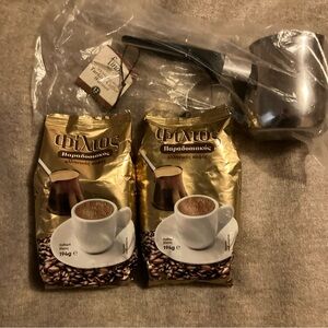 Greek Coffee Bundle! New Stainless Steel Coffee Pot, 2 New Bags of Greek Coffee
